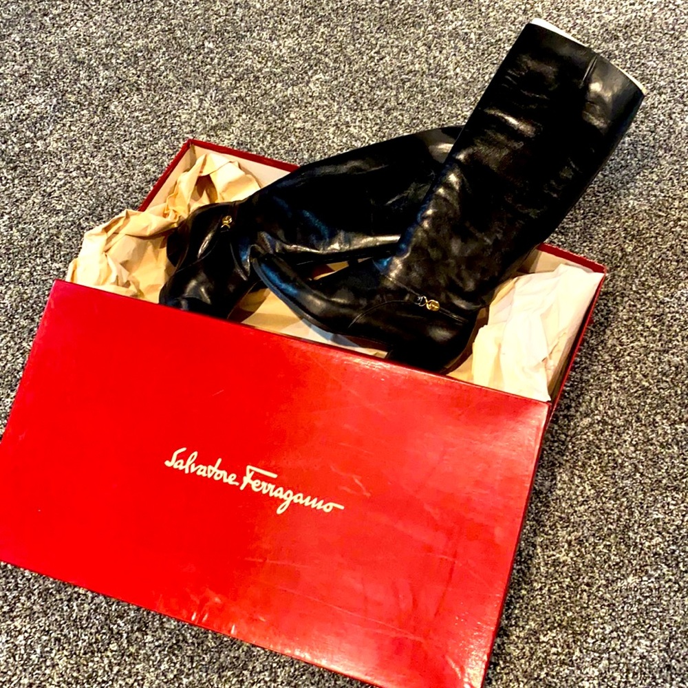 Vintage Ferragamo Tall Black Boots 8.5 B Heels
